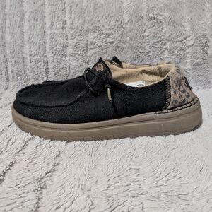 Hey Dude Women's Black Slip-On with Leopard Heel Accent Size 9